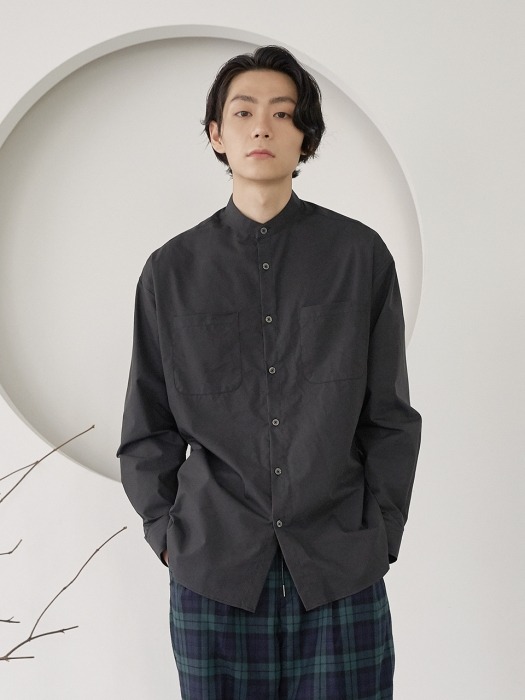 Banded Collar Long Shirts [Charcoal]