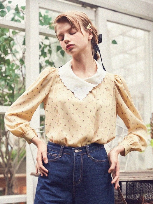 Pintuck Blouse with Floral Embroidery (Yellow)