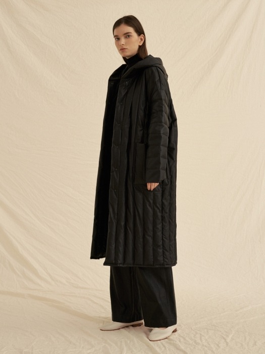 leather long hood padding coat