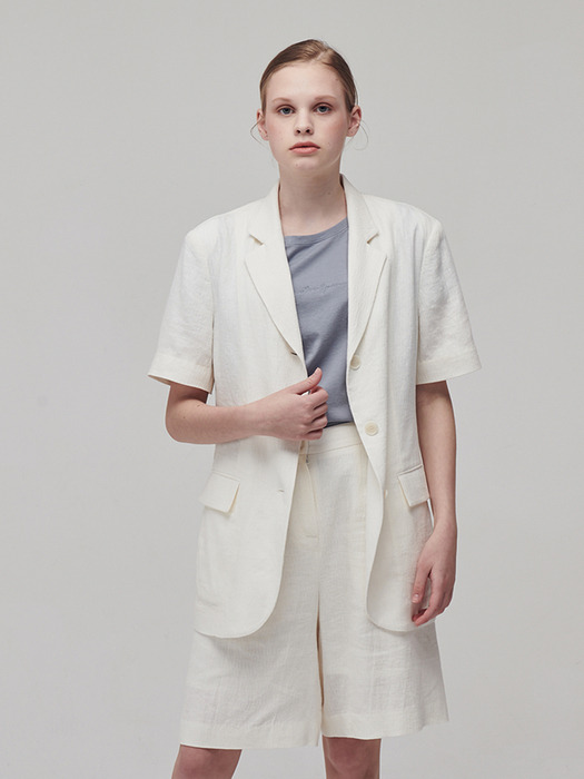 Linen half sleeve jacket_Ivory