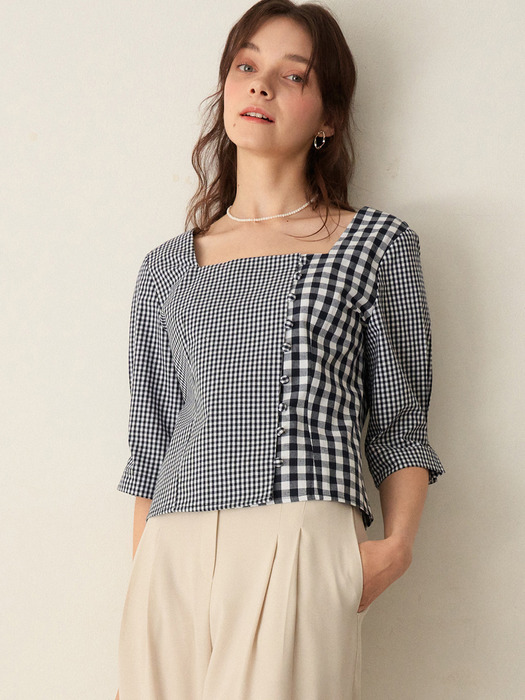 monts 1109 gingham check button blouse (navy)