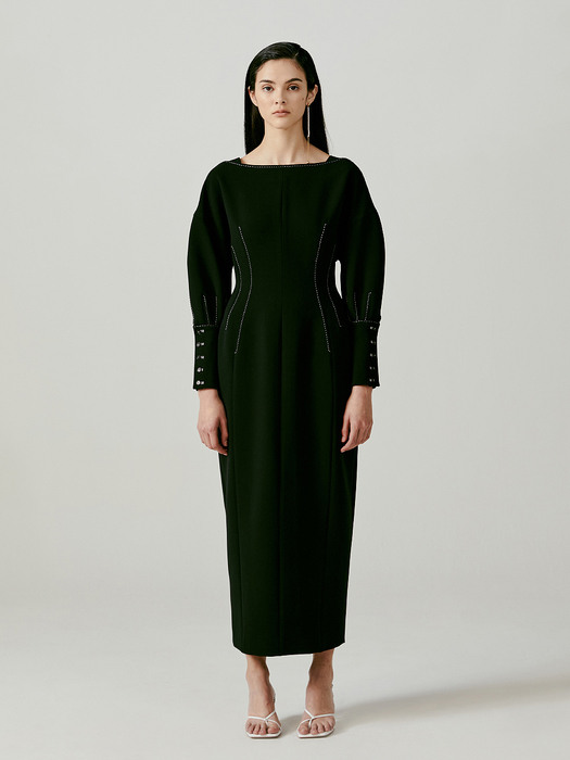 Balloon-Sleeve Wool-Blended Midi Dress