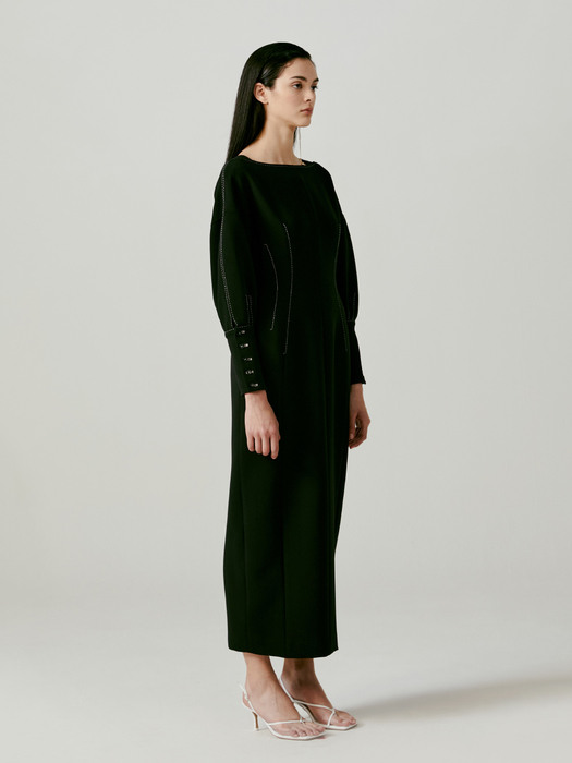 Balloon-Sleeve Wool-Blended Midi Dress