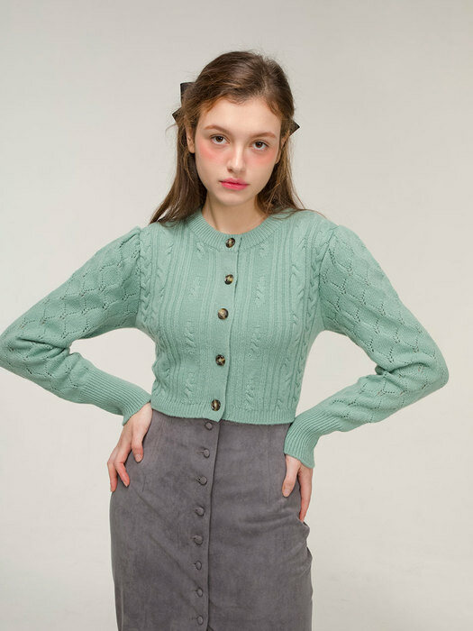 Puff wool cable cardigan (mint)