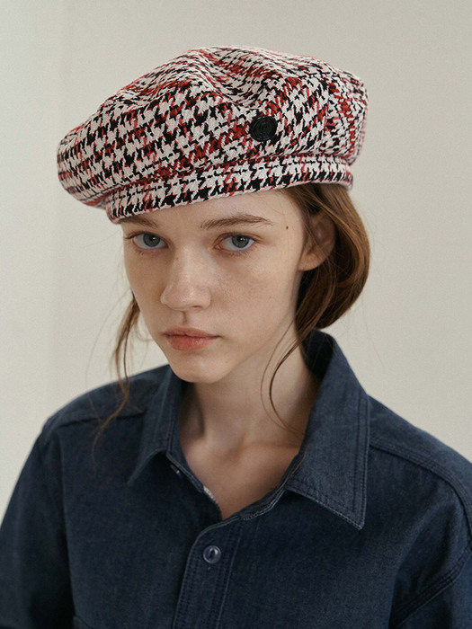 HOUNDSTOOTH CHECK BERET_red