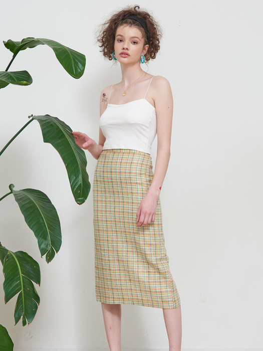 LINEN JUICY CHECK SKIRT_LIME