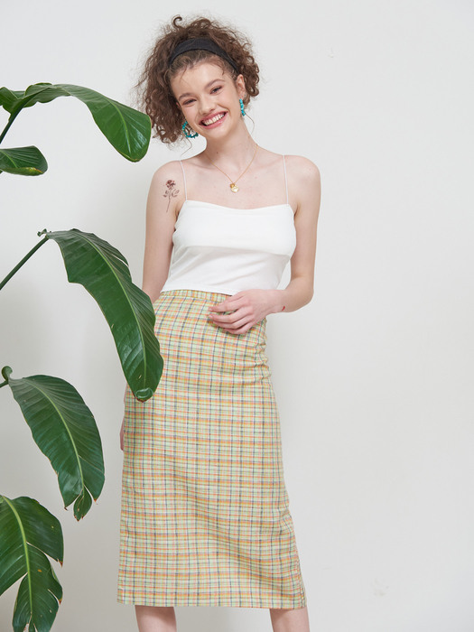LINEN JUICY CHECK SKIRT_LIME