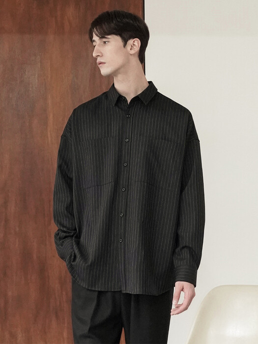 POCKET RELAXED SHIRT STRIPE_BLACK