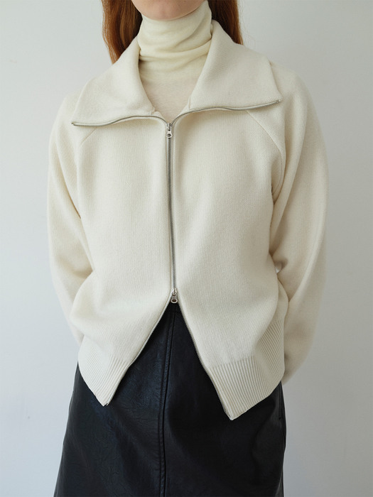 Merino wool 100% zip-up knit / Ivory