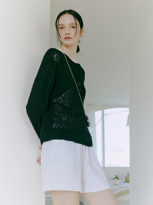 Tail Yarn Damage Knit Top, Black