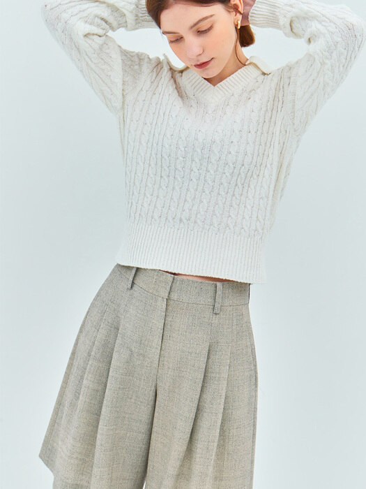 COLLAR CABLE BOUCLE KNIT(sand ivory)