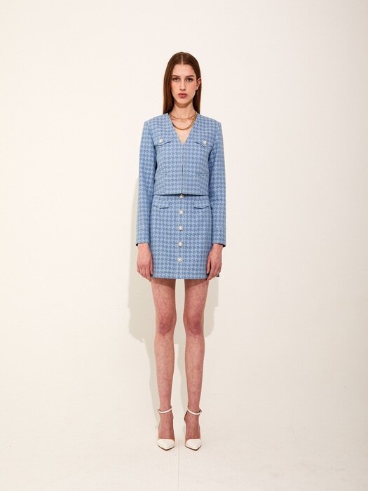 Houndstooth Denim Vneck Jacket [Light Blue]