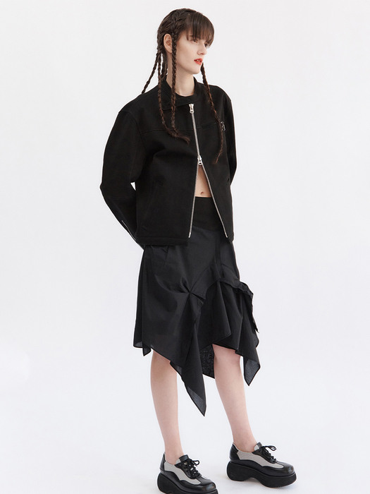 ASYMMETRIC FRAYED HEM SKIRT, BLACK