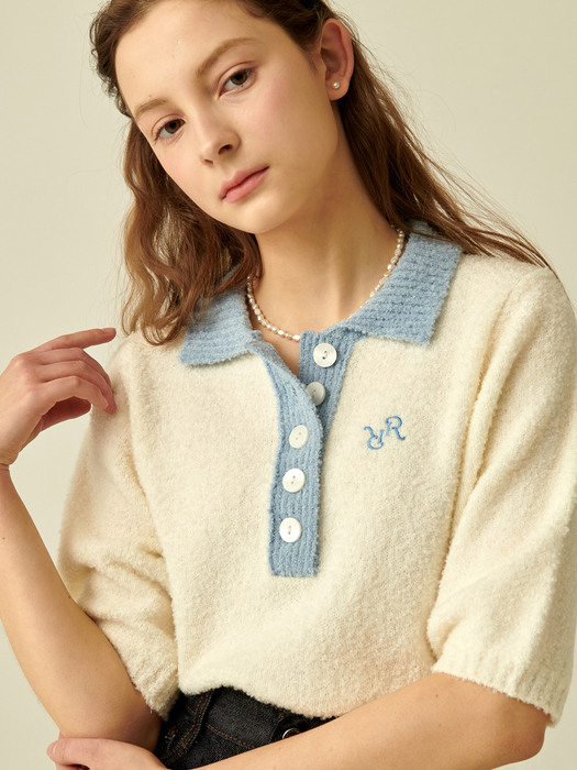 BUTTON COLLAR KNIT IVORY BLUE