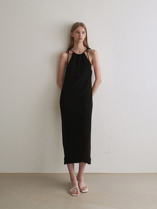 Halter neck linen dress - black