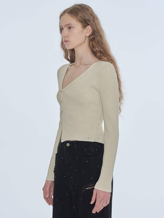 UNBALANCE V RIBBED CARDIGAN (ivory)