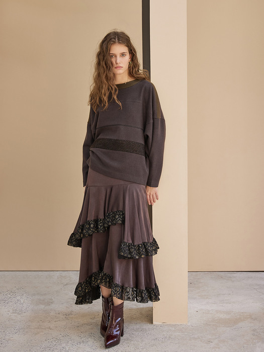 Ruffle Trimmed Asymmetric Long Skirt_Dark Brown