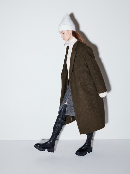 WOOL BUCLE DOUBLE LONG COAT / KHAKI BROWN