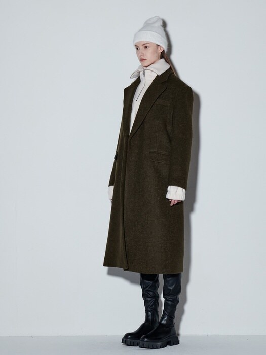 WOOL BUCLE DOUBLE LONG COAT / KHAKI BROWN