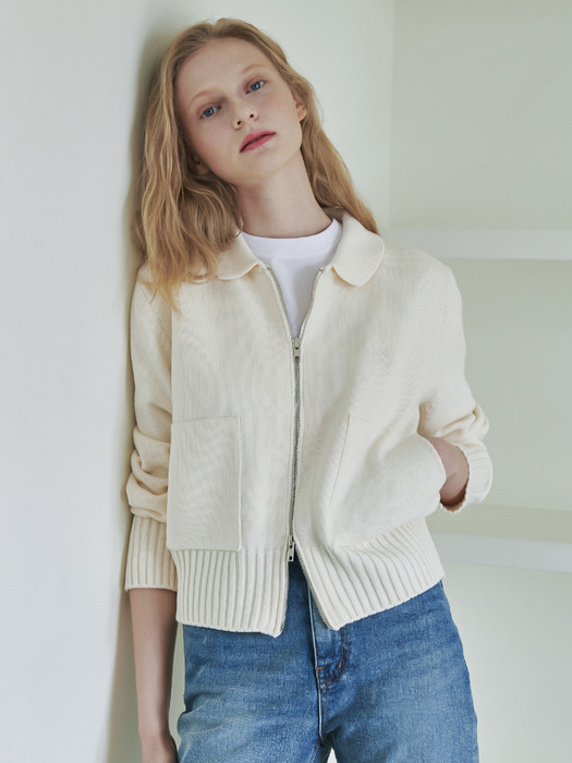 POCKET COLLAR ZIP UP KNIT CARDIGAN CREAM