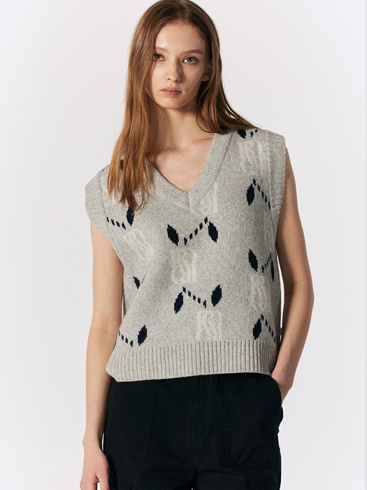 Jacquard V Neck Knit Vest [GREY]