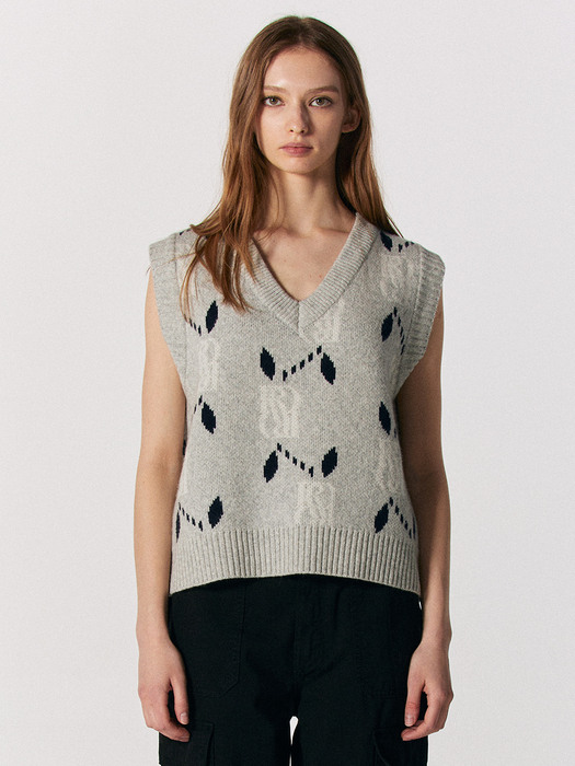 Jacquard V Neck Knit Vest [GREY]