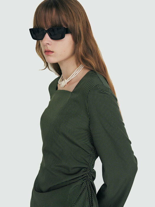 22 Fall_ Green Check Side String Midi Dress