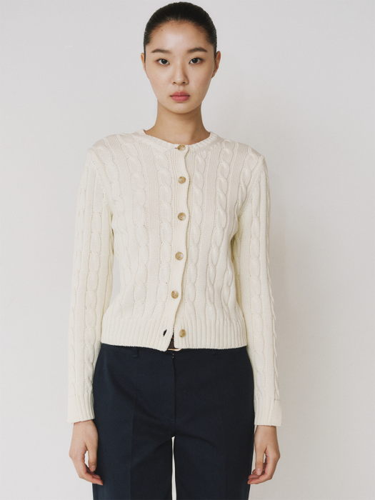 IVORY GIZA COTTON CABLE KNIT CARDIGAN