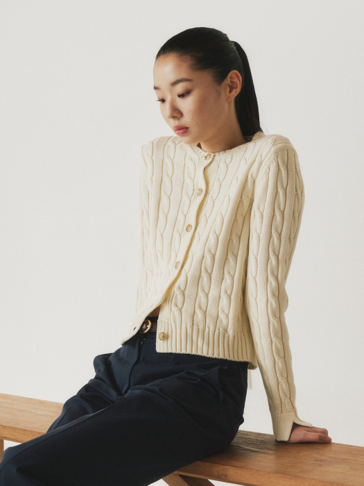 IVORY GIZA COTTON CABLE KNIT CARDIGAN