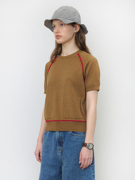 [Women] Two Pocket Line Short Sleeve Knit Top (Sand Khaki)