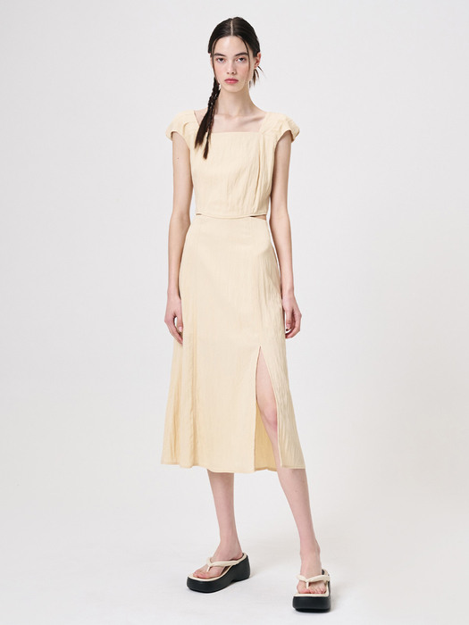 Shoulder Pintuck Detail Dress, Cream Beige