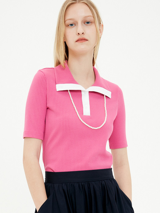 Wide Collar Ribbed Jersey Top / Pink
