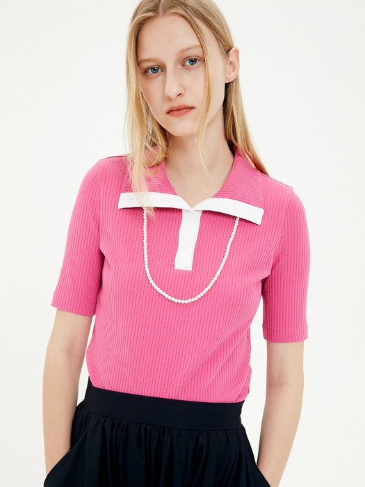 Wide Collar Ribbed Jersey Top / Pink