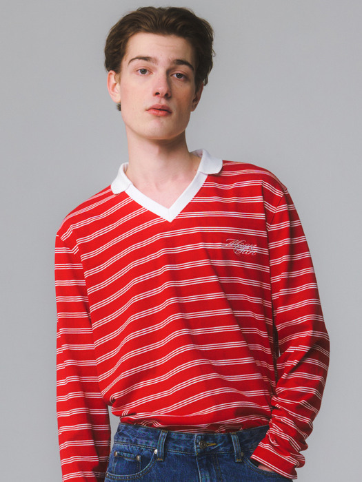 UNISEX, Stripe V Neck Rugby Shirts / Red