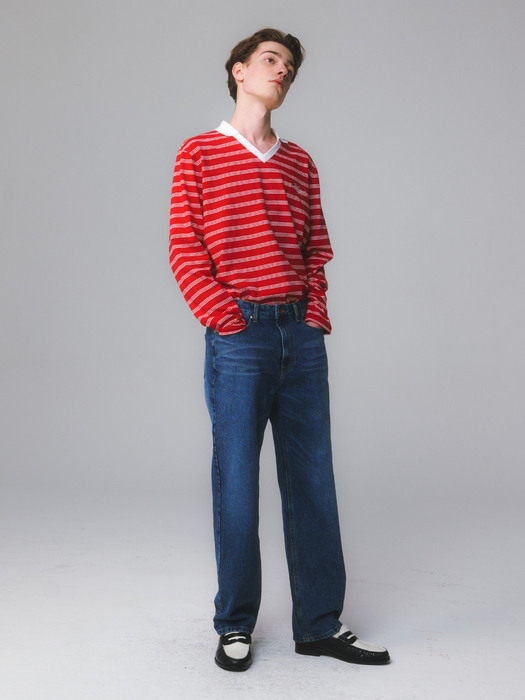 UNISEX, Stripe V Neck Rugby Shirts / Red