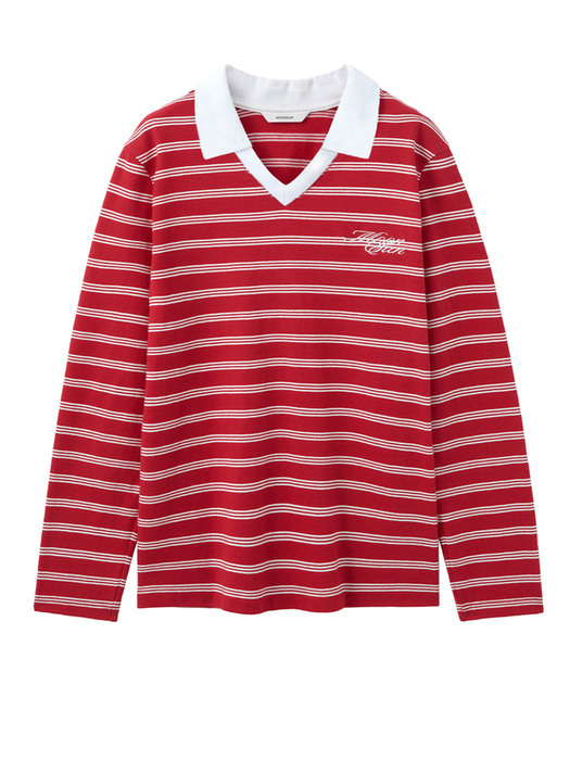 UNISEX, Stripe V Neck Rugby Shirts / Red