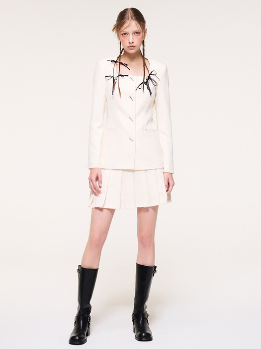 Pleats Chain Tweed Mini Skirt, Cream Ivory