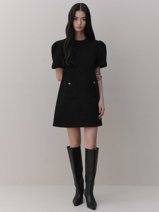 puff tweed mini dress_black