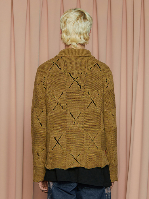 BUTTON ARGYLE KNIT JACKET / OLIVE