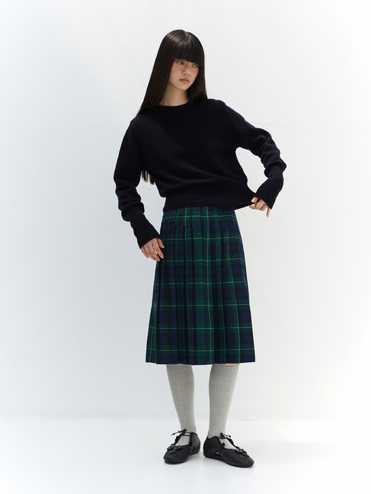 BELTED CHECK PLEATS SKIRT (GREEN)