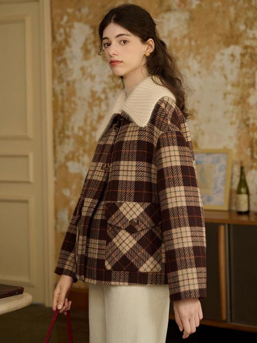 SR_Fur lapel plaid woolen coat