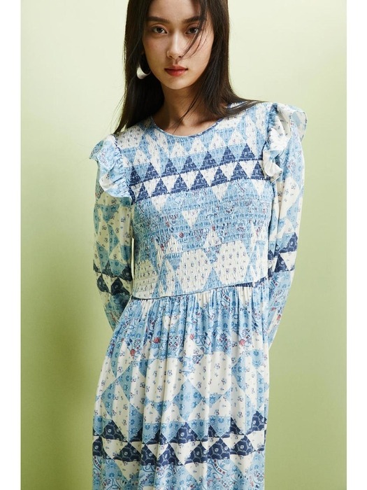 스모킹 디테일 드레스 라이트 블루/패턴 1227614001