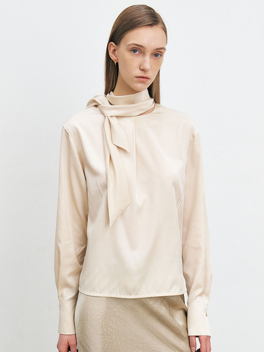 SILKY TIE DETAIL BLOUSE [IVORY][BLACK]