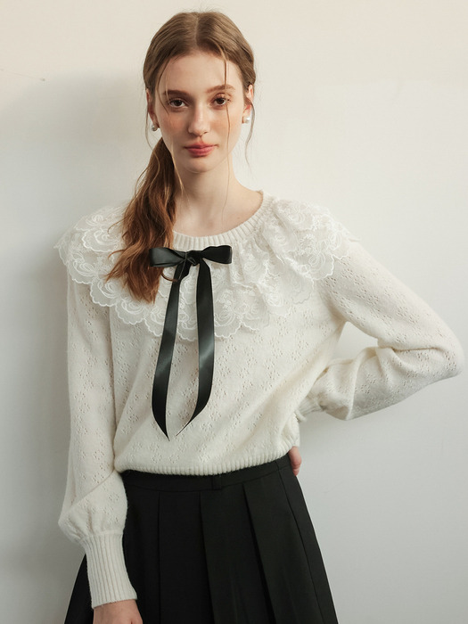 Cest_Layered lace frill knit top