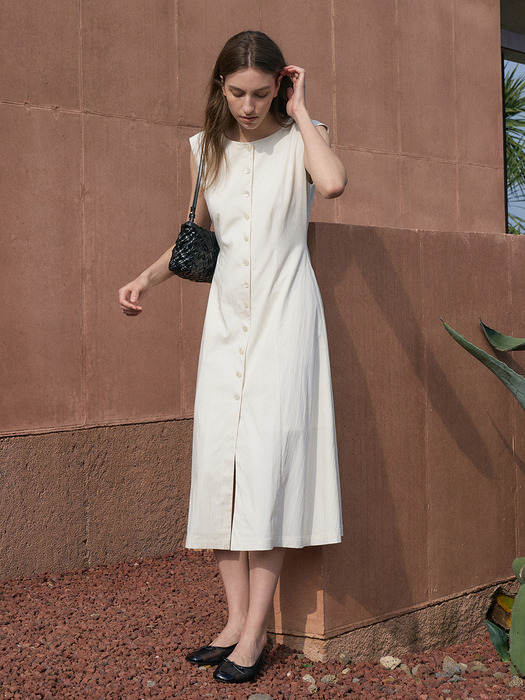 Boat Neck Cap Sleeve Dress[LMBDSUDR805]-Cream