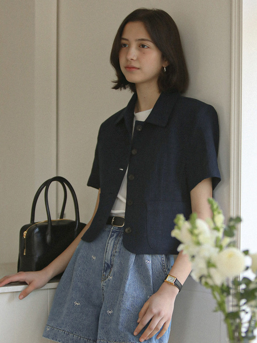 Check linen half sleeve jacket_Navy