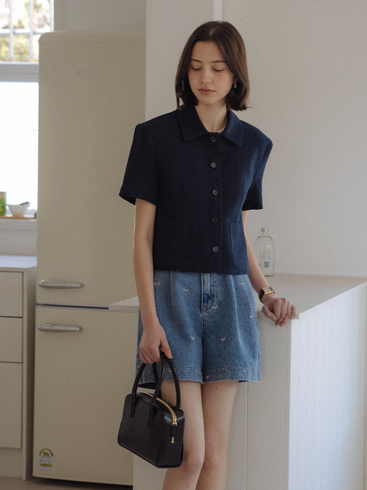 Check linen half sleeve jacket_Navy