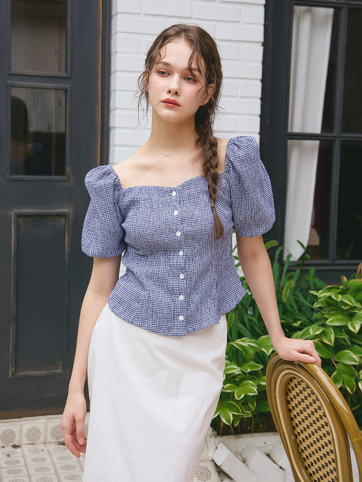 HEART NECK PUFF SLEEVES BLOUSE_BLUE