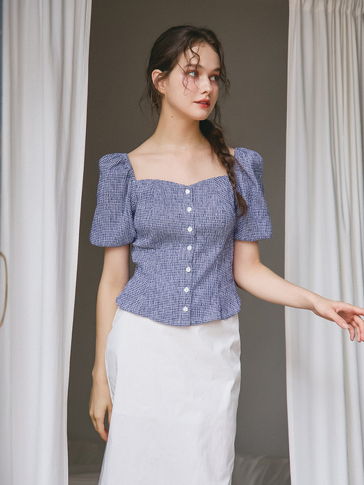 HEART NECK PUFF SLEEVES BLOUSE_BLUE