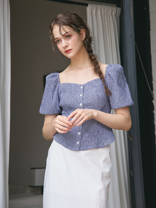 HEART NECK PUFF SLEEVES BLOUSE_BLUE